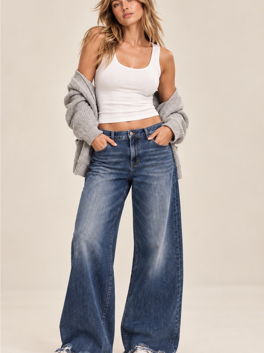 AE Dreamy Drape Low Rise Baggy Wide Leg Jeans 16 Blue Metal